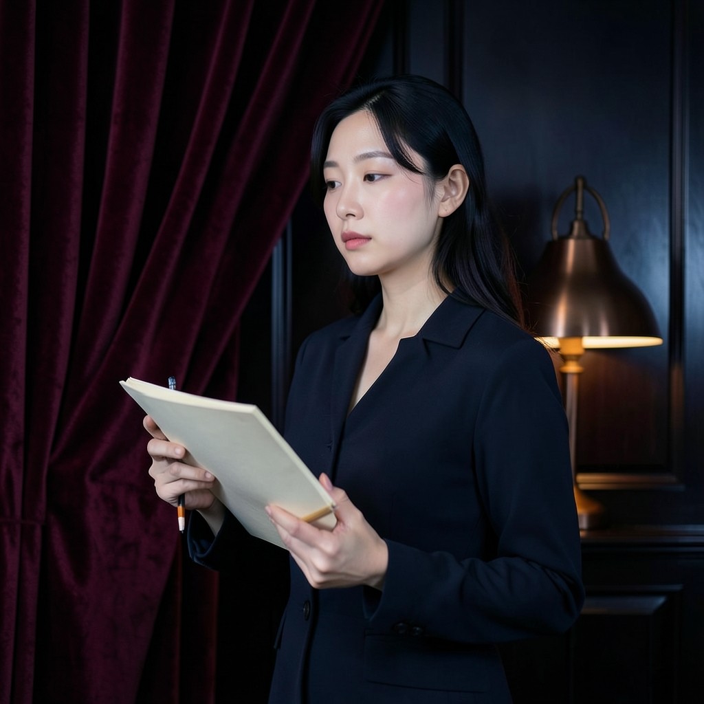 Bae Nari, pattern tutor, standing by burgundy velvet with a pencil and chart sheet