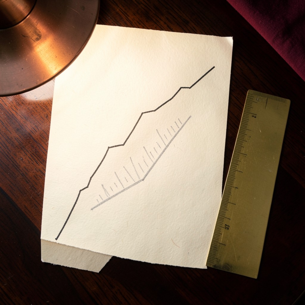 Paper sketch of a steep move followed by a short slanted channel, with a brass ruler