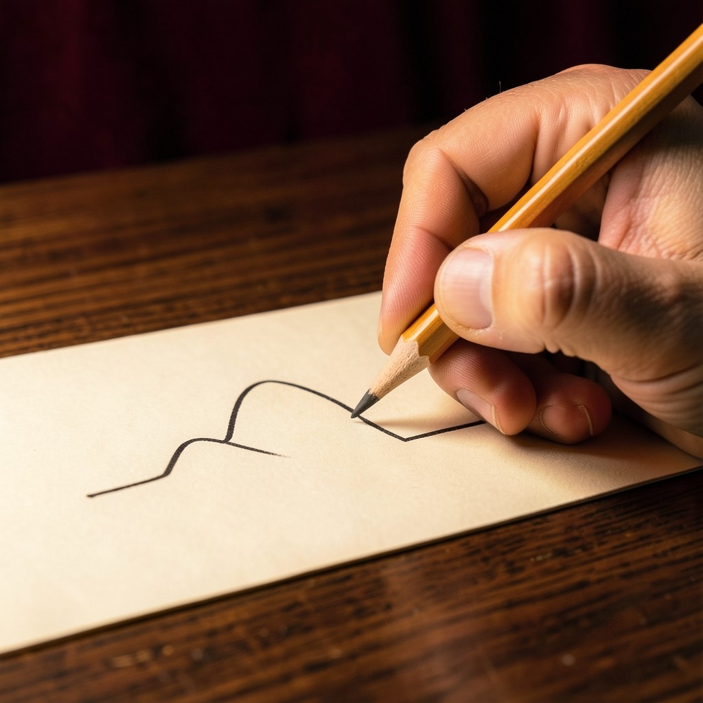 A hand drawing a line beneath three rounded peaks on unmarked chart paper
