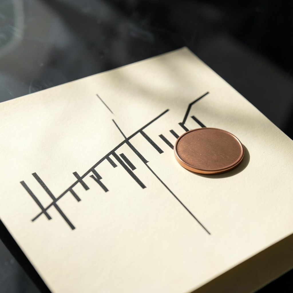 Two rising pencil lines on a chart sheet, held by a copper paperweight