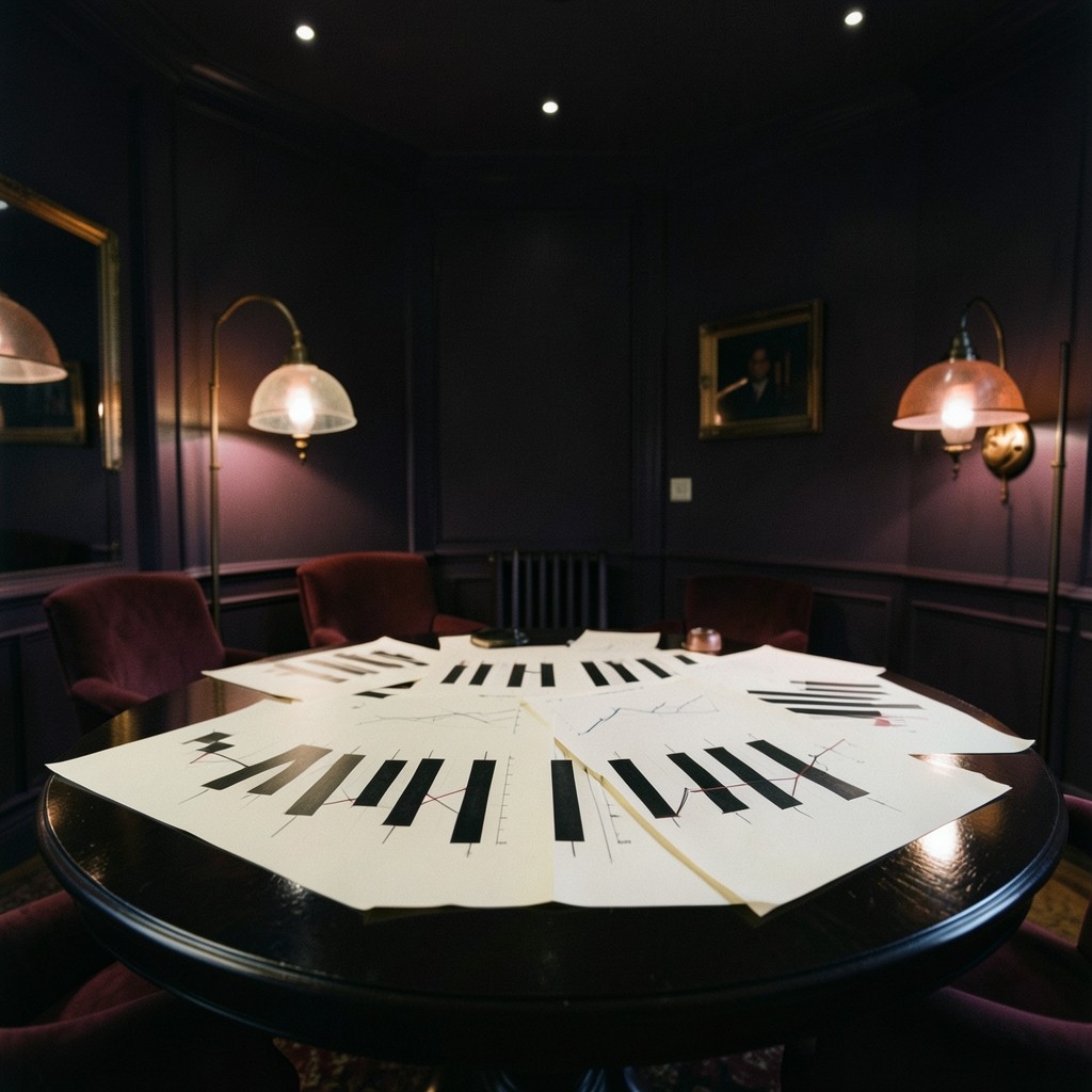 Round lacquered table at night, covered with unmarked chart sheets and copper lamps in a velvet room