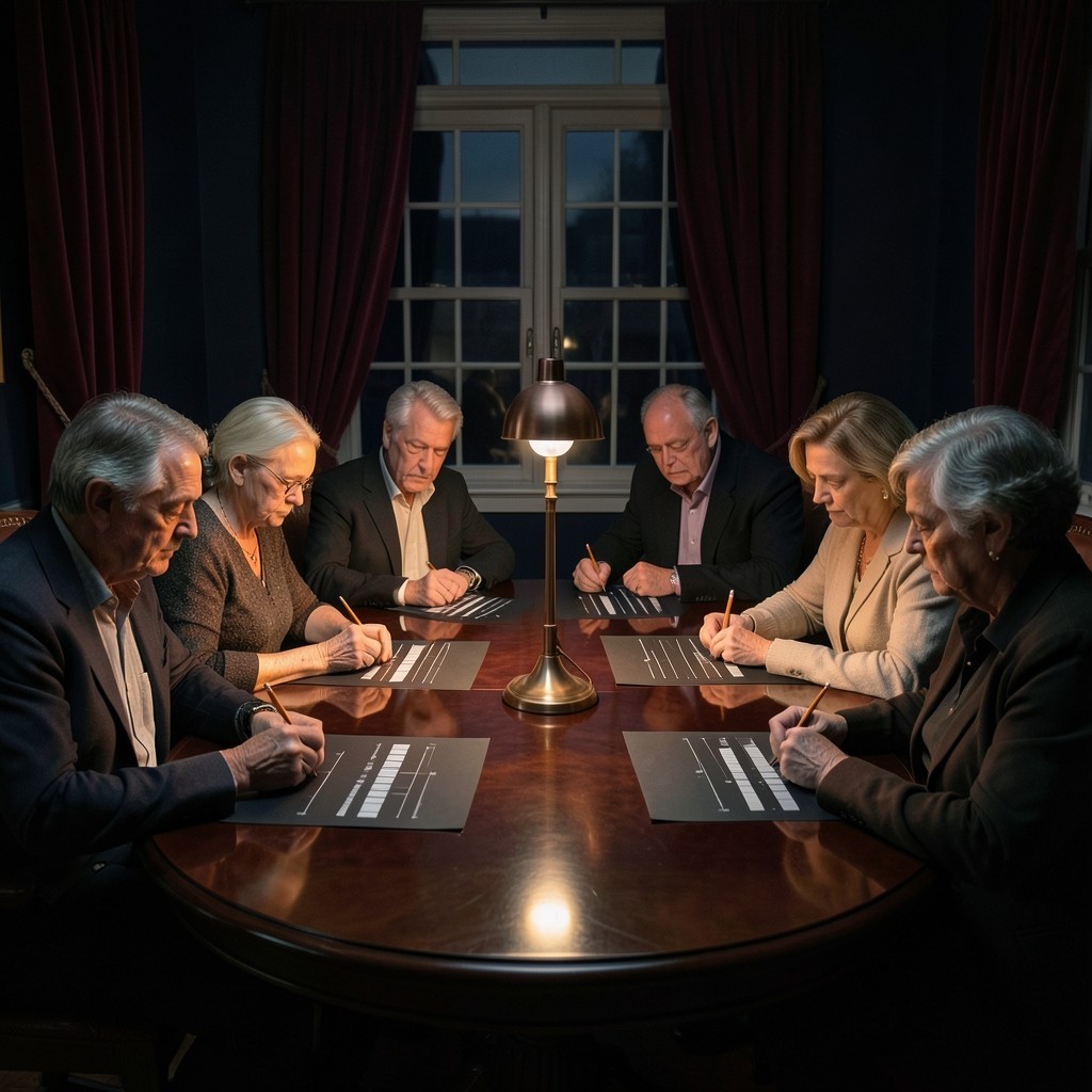 Adults seated around a round chart table, sketching patterns under copper light