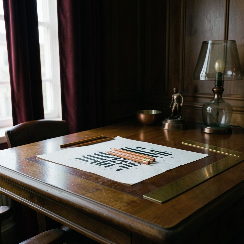 Morning light on layers of tracing paper over a printed chart in a dark wood room