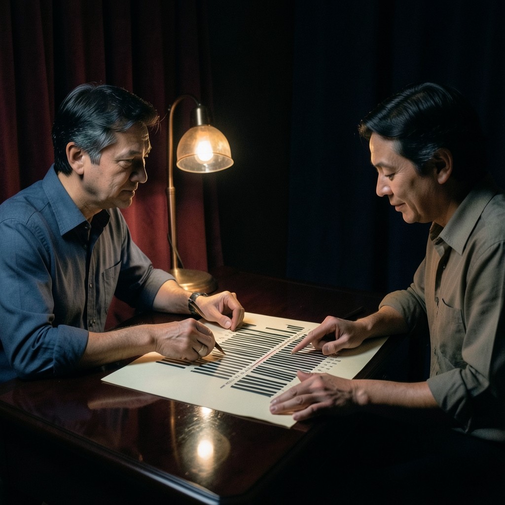 Two adults at a narrow desk with one large paper chart and a single copper lamp